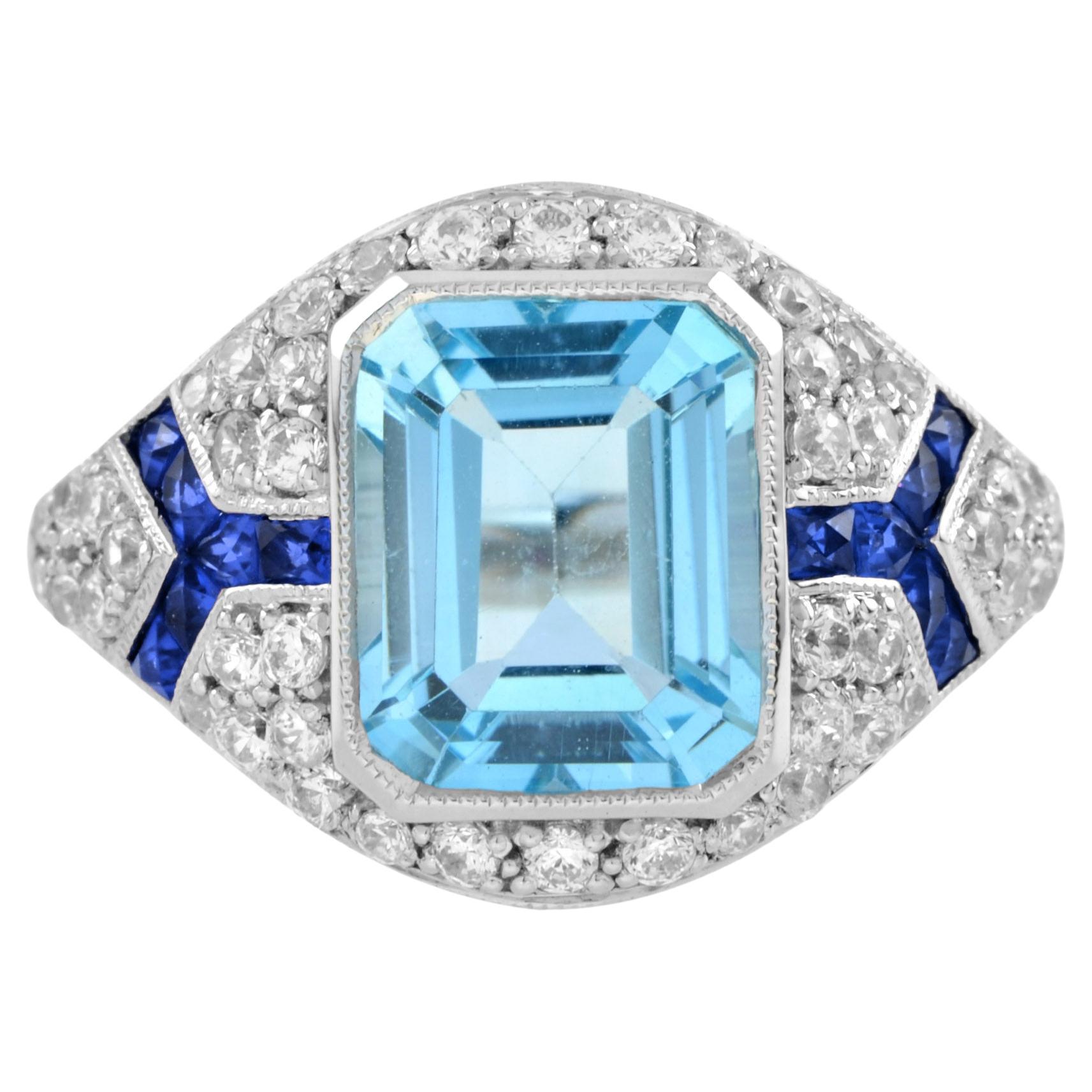 Octagon Cut Blue Topaz & Diamond Sapphire Art Deco Style 14K White Gold Ring For Sale