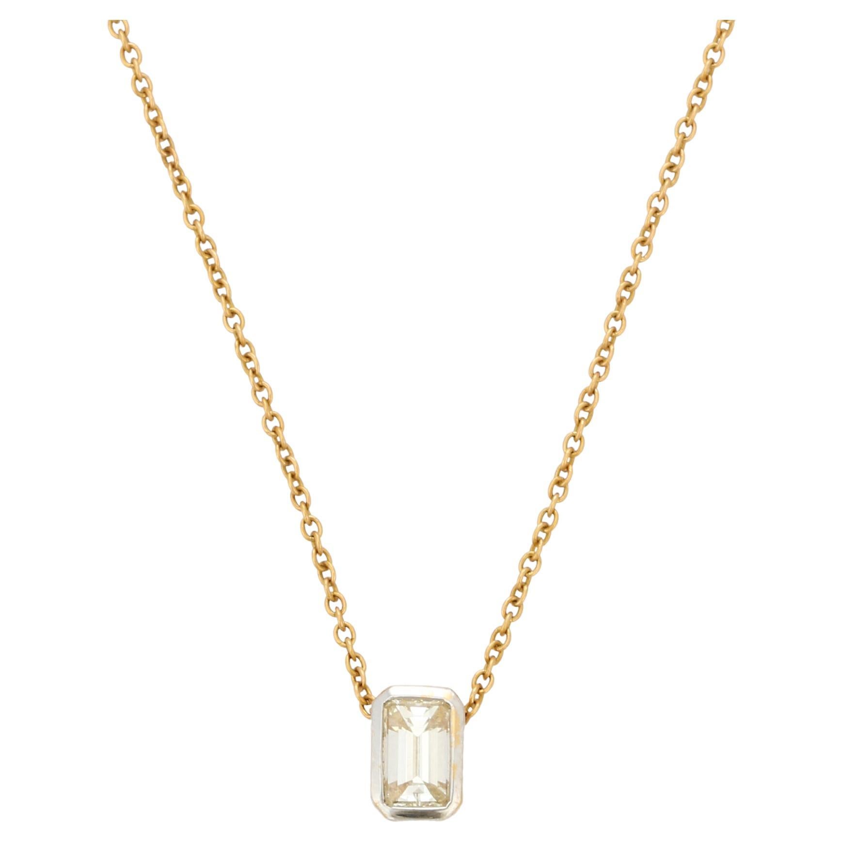 Octagon Cut Diamond Pendant Chain Necklace in 18K Yellow Gold  For Sale