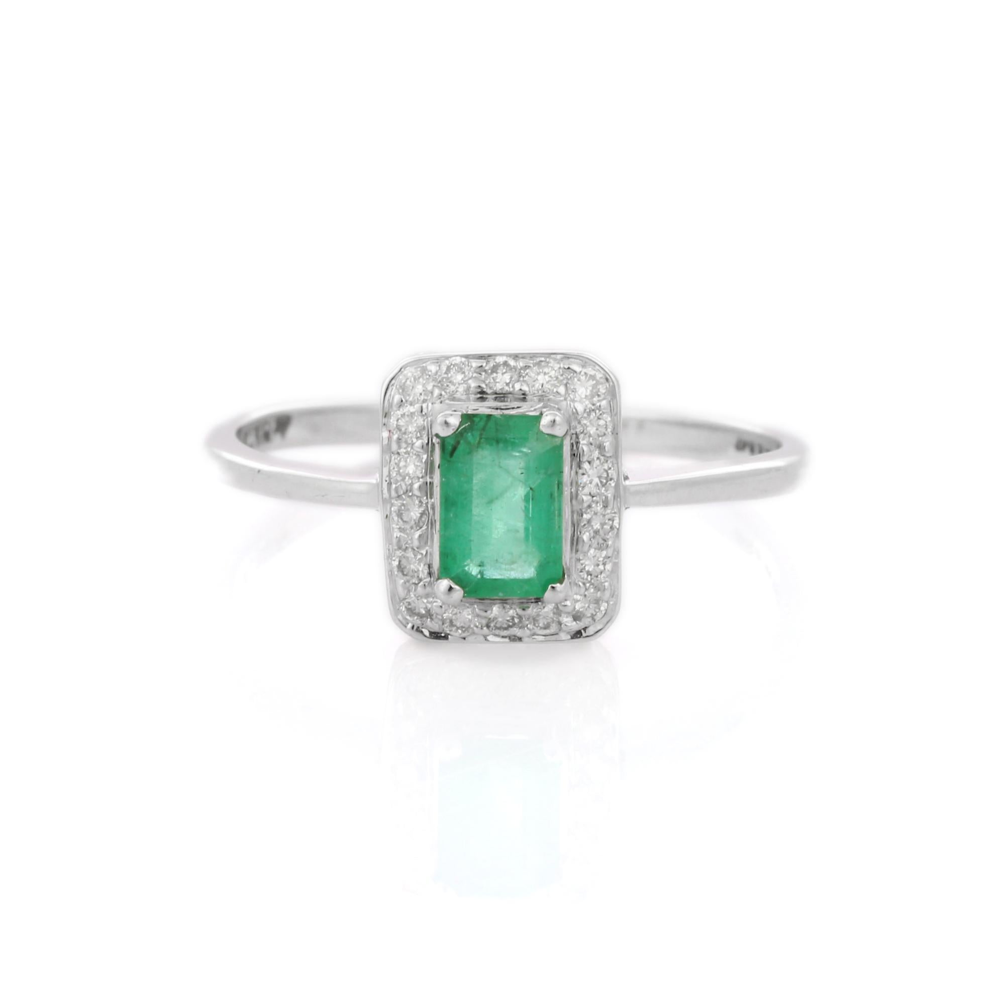 For Sale:  Octagon Cut Emerald Enclosed with Diamonds Engagement Ring in 18K White Gold 2