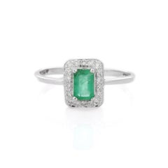 Octagon Cut Emerald Enclosed with Diamonds Engagement Ring in 18K White Gold