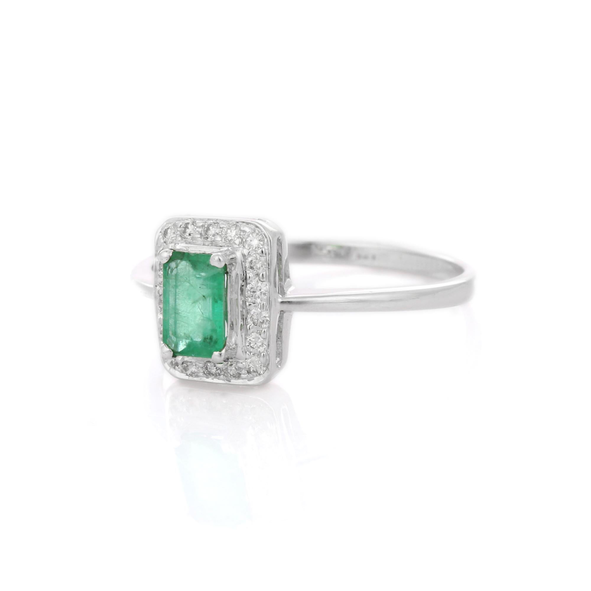 For Sale:  Octagon Cut Emerald Enclosed with Diamonds Engagement Ring in 18K White Gold 3