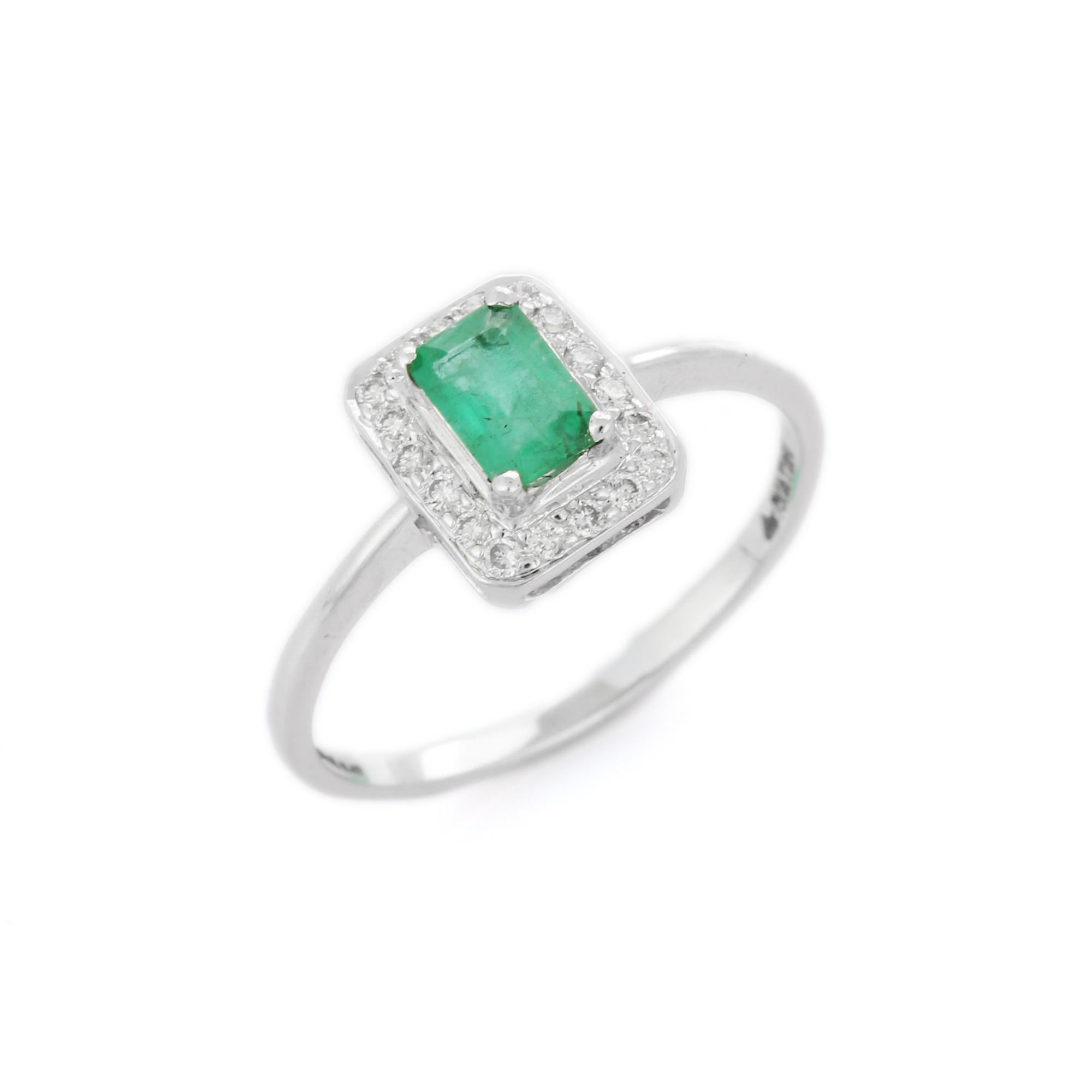 For Sale:  Octagon Cut Emerald Enclosed with Diamonds Engagement Ring in 18K White Gold 5