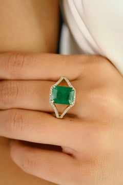 Octagon-Cut Emerald and Diamond Split Shank Statement Ring in 14k Yellow Gold