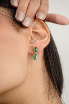 Octagon Cut Emerald Diamond Dangle Earrings for Wedding in 18k Solid Yellow Gold