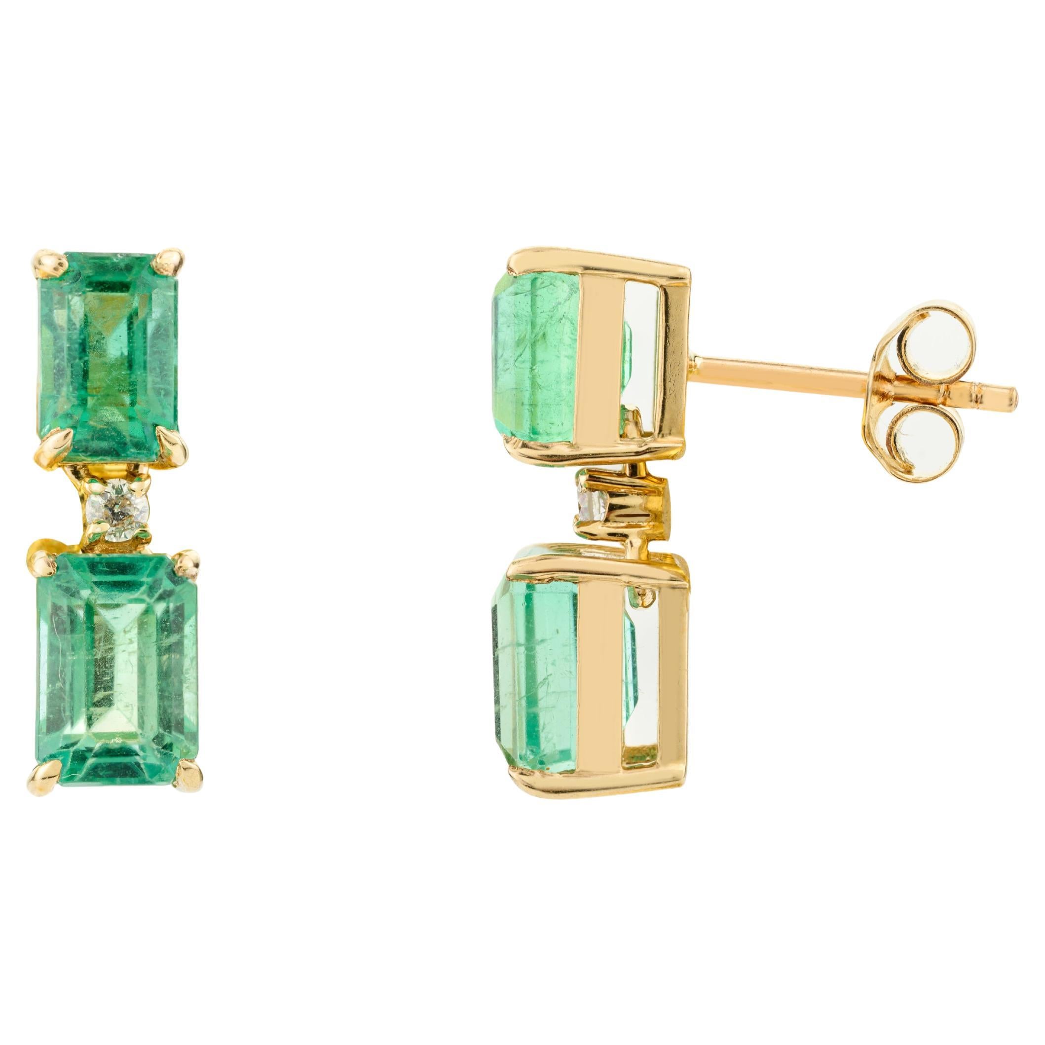 Octagon Cut Emerald Diamond Dangle Earrings for Wedding in 18k Solid Yellow Gold For Sale