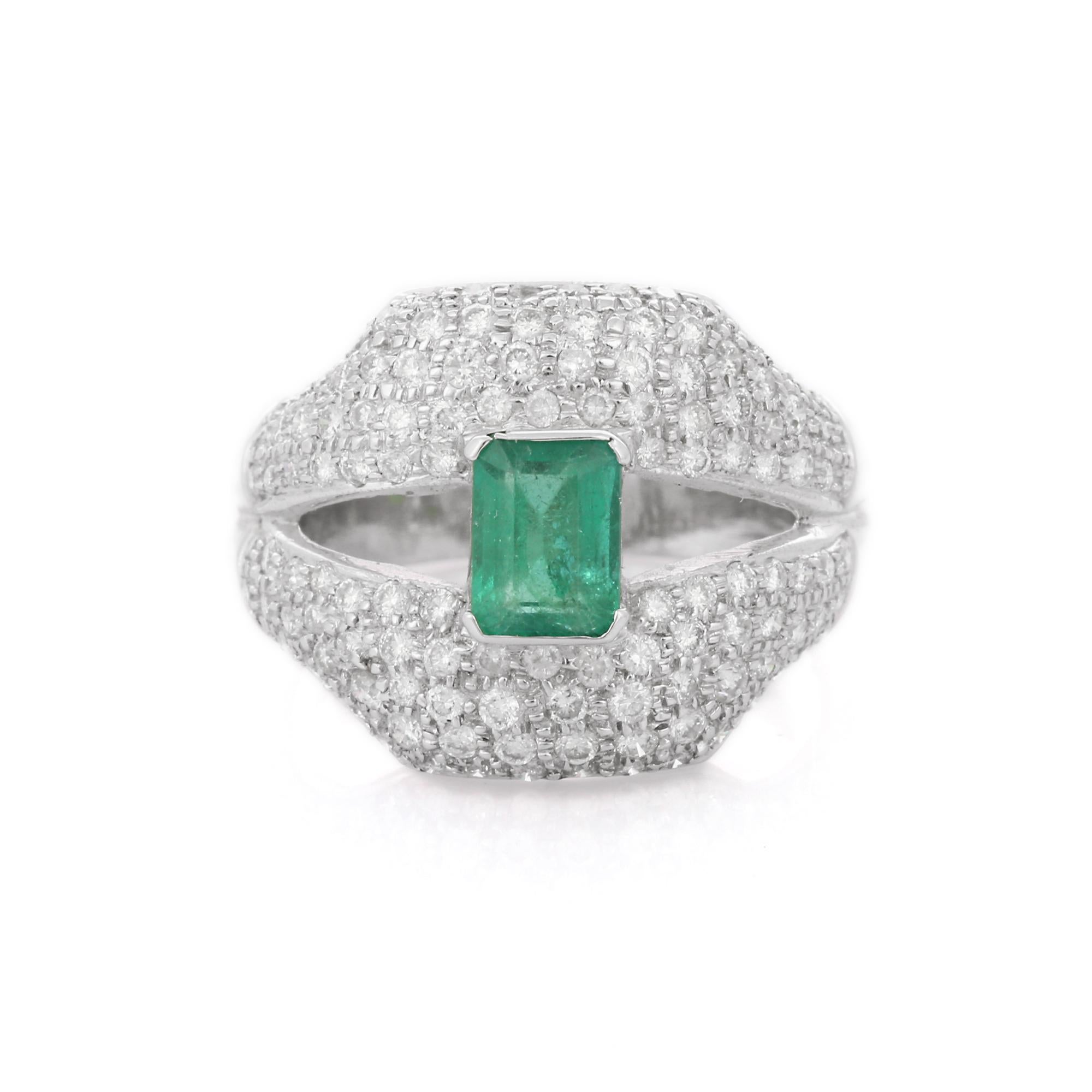 For Sale:  Regal Diamond and Emerald Split Shank Cocktail Ring in 18K White Gold 6