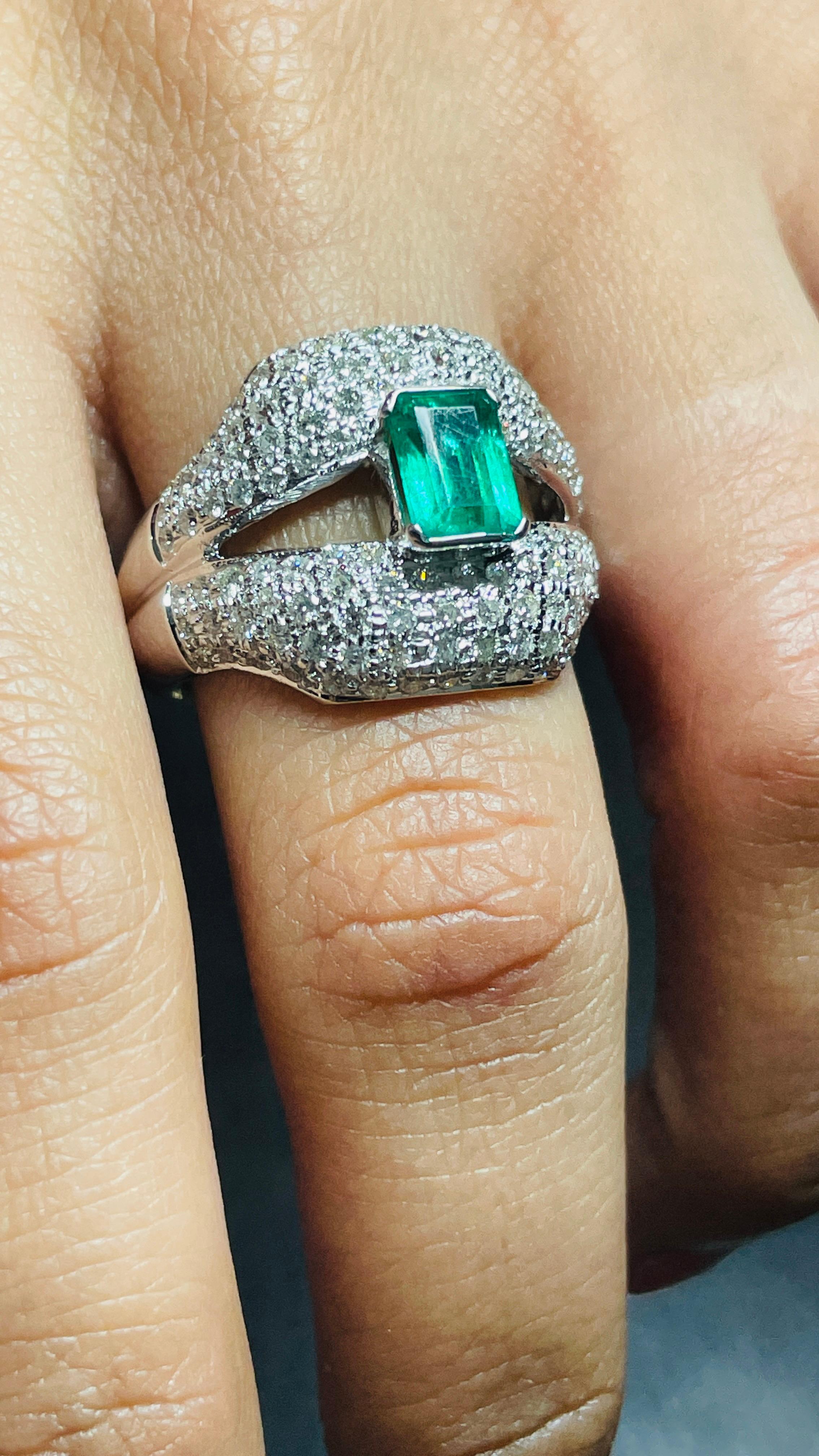 For Sale:  Regal Diamond and Emerald Split Shank Cocktail Ring in 18K White Gold 8
