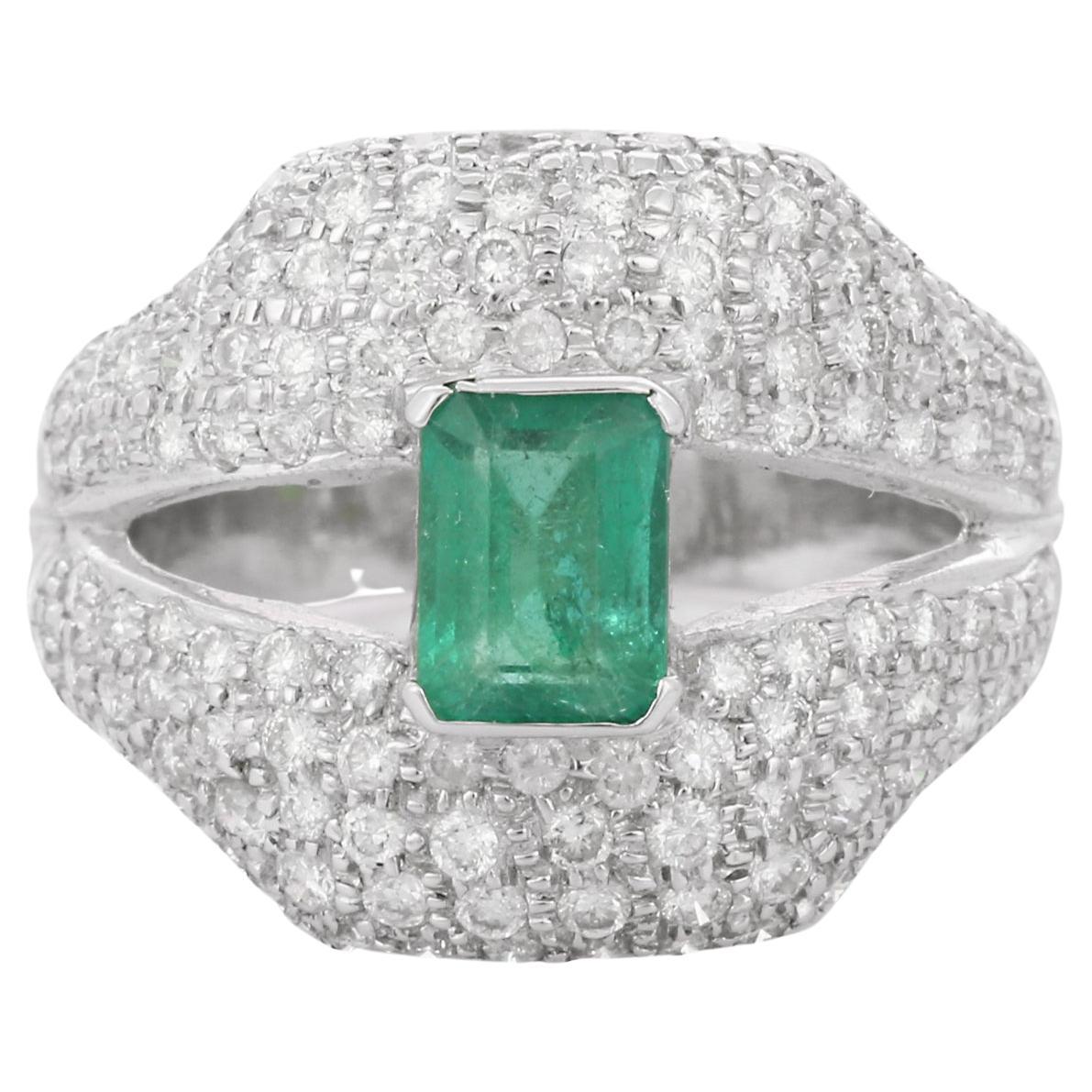 Regal Diamond and Emerald Split Shank Cocktail Ring in 18K White Gold