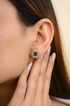 Octagon Emerald Halo Diamond Stud Earrings for Mom in 18k Yellow Gold