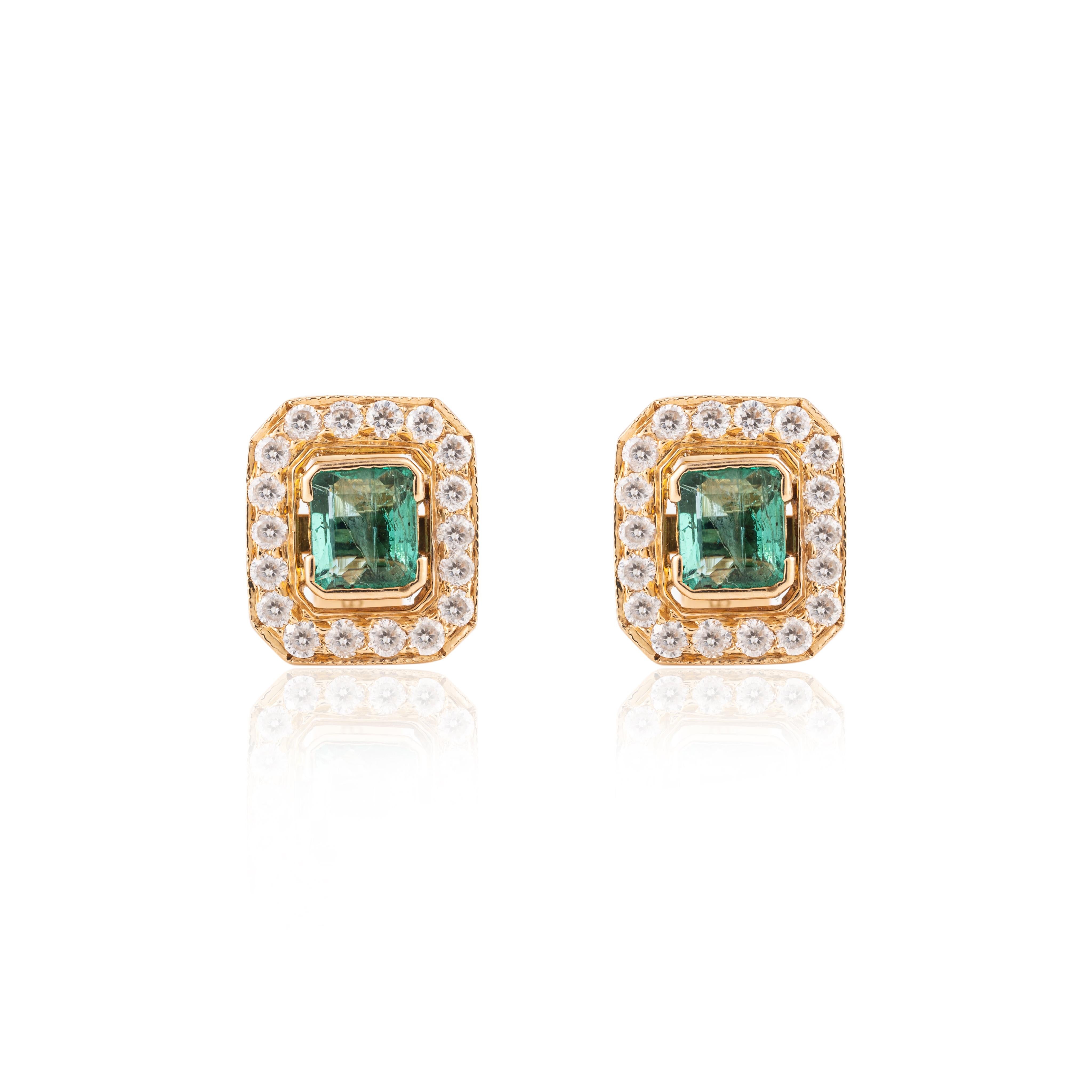 Art Deco Octagon Cut Emerald Halo Diamond Big Stud Earrings in 18k Yellow Gold for Her For Sale