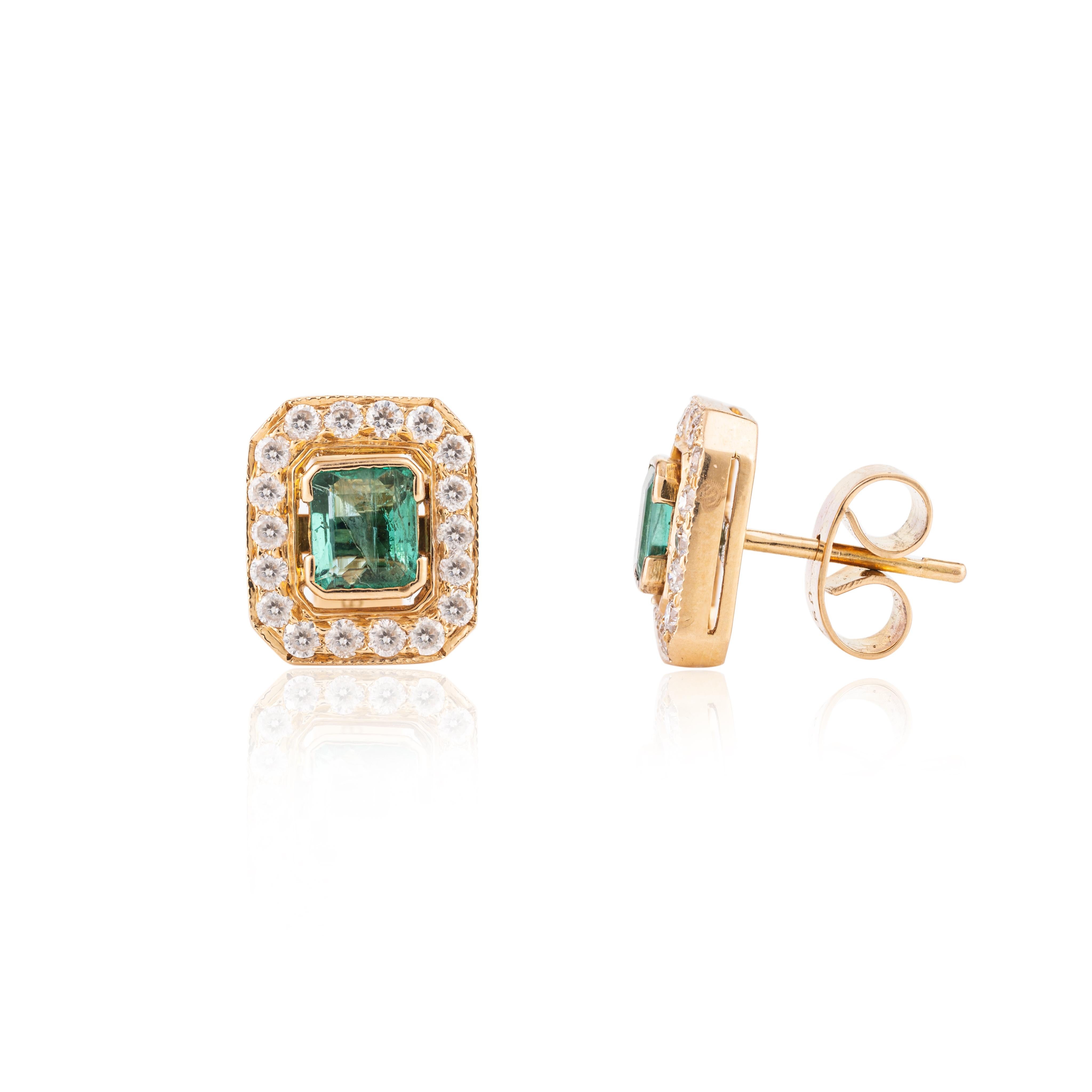 Women's Octagon Cut Emerald Halo Diamond Big Stud Earrings in 18k Yellow Gold for Her For Sale