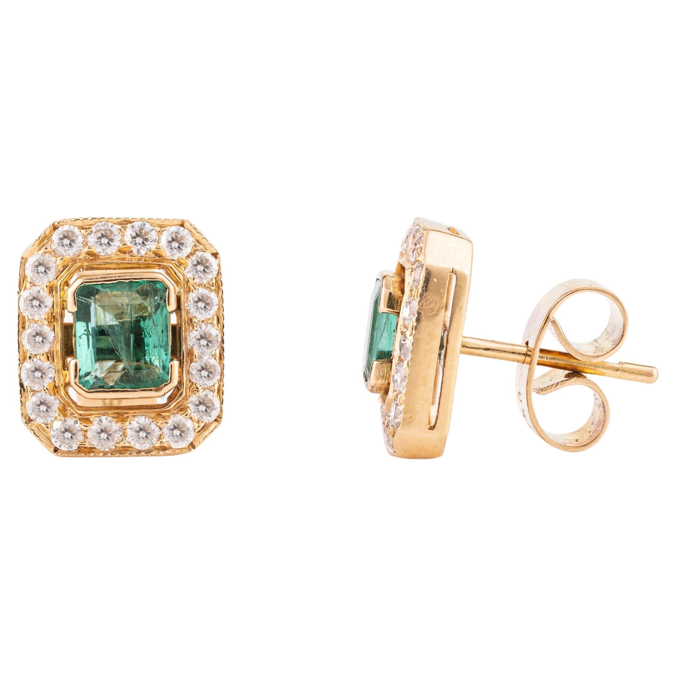 Octagon Emerald Halo Diamond Stud Earrings for Mom in 18k Yellow Gold For Sale