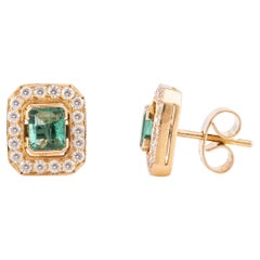 Octagon Emerald Halo Diamond Stud Earrings for Mom in 18k Yellow Gold