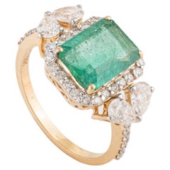 Designer Emerald Birthstone Diamond Big Cocktail Ring in 18k Solid Yellow Gold