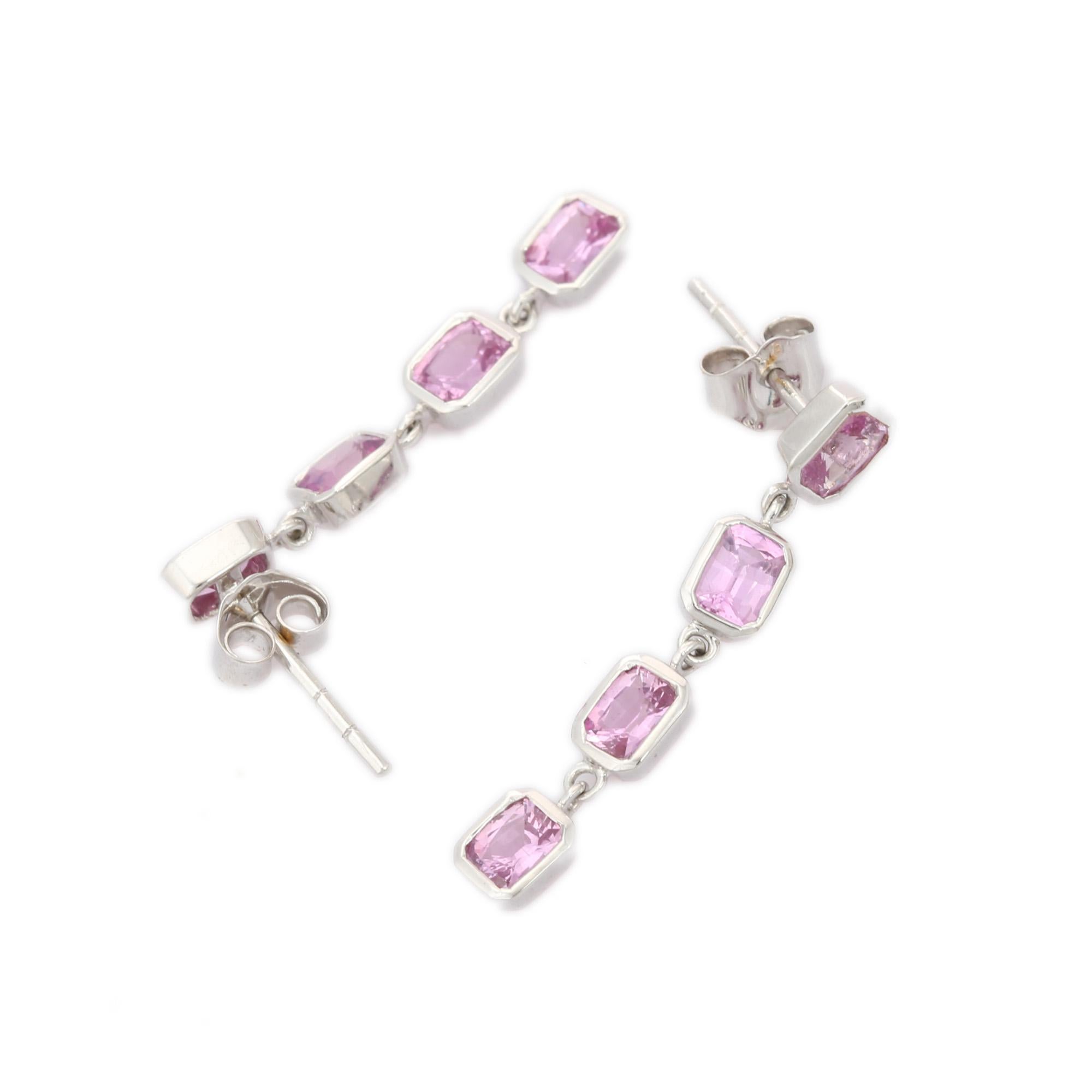 Pink Sapphire Dangle earrings to make a statement with your look. These earrings create a sparkling, luxurious look featuring octagon cut gemstone.
If you love to gravitate towards unique styles, this piece of jewelry is perfect for you.

PRODUCT