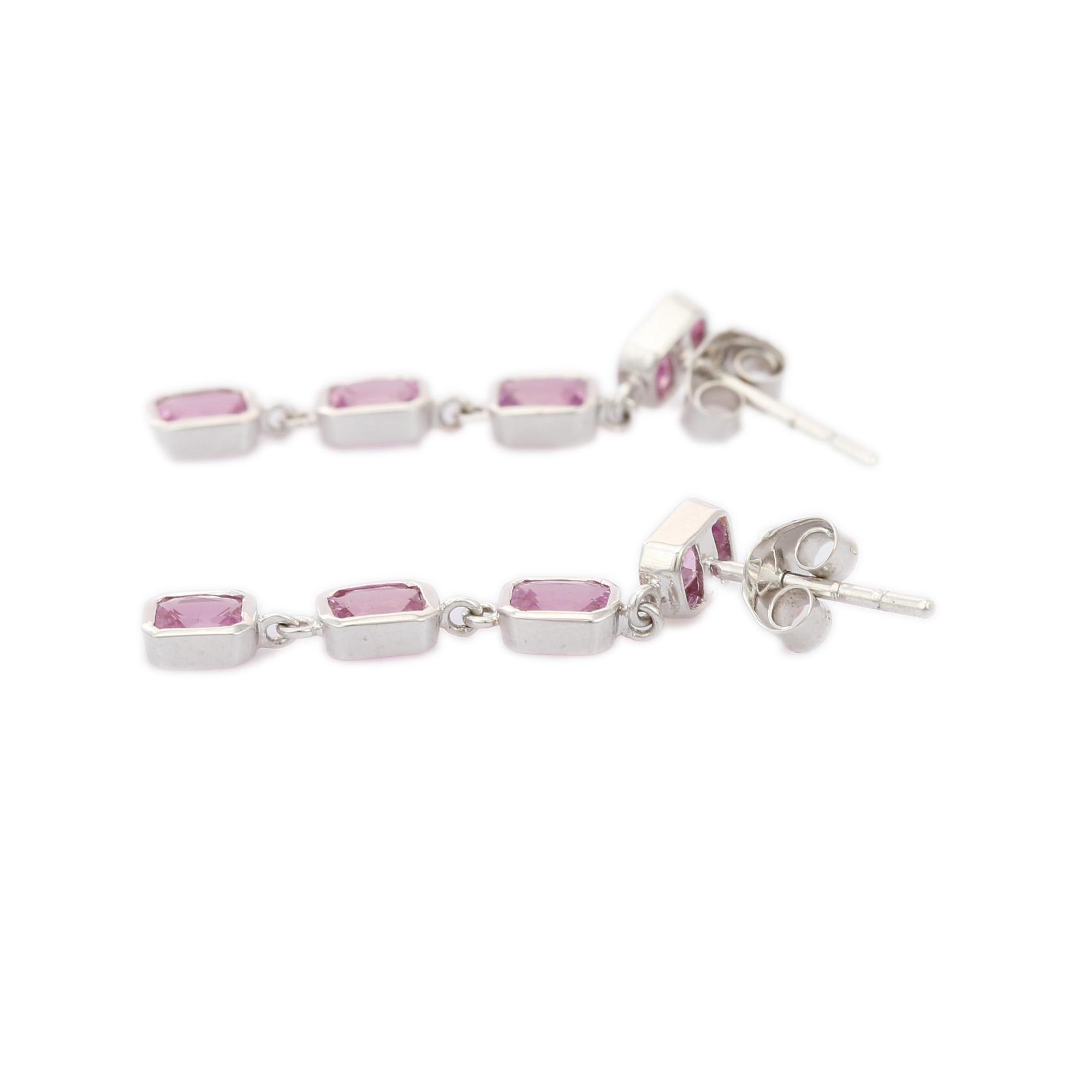 Modern Octagon Cut Pink Sapphire Dangle Earrings in 18K White Gold  For Sale