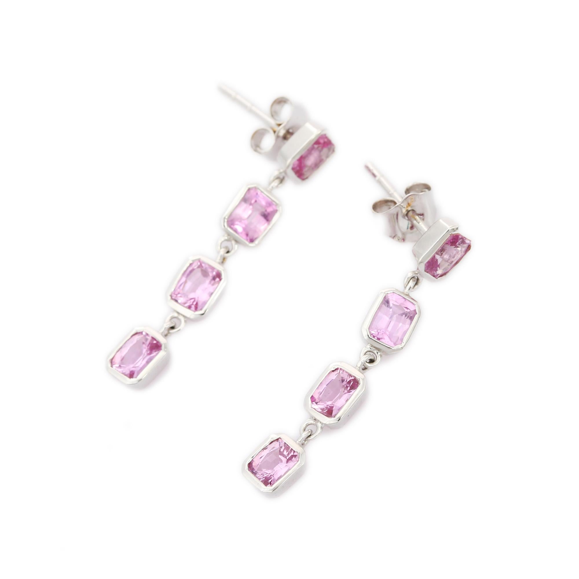 Octagon Cut Pink Sapphire Dangle Earrings in 18K White Gold  In New Condition For Sale In Houston, TX