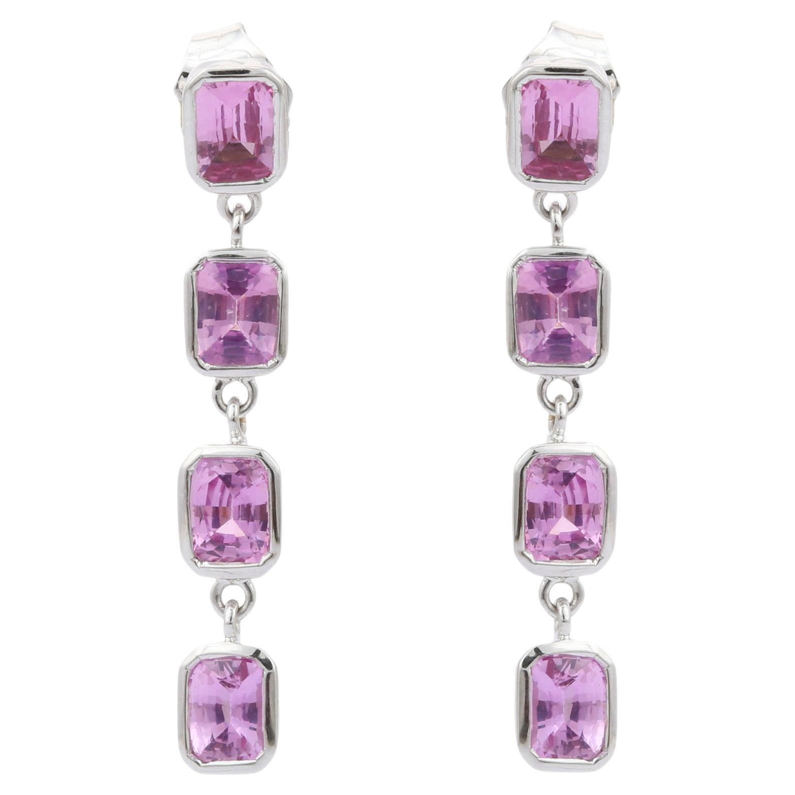Octagon Cut Pink Sapphire Dangle Earrings in 18K White Gold  For Sale