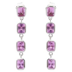 Octagon Cut Pink Sapphire Dangle Earrings in 18K White Gold 