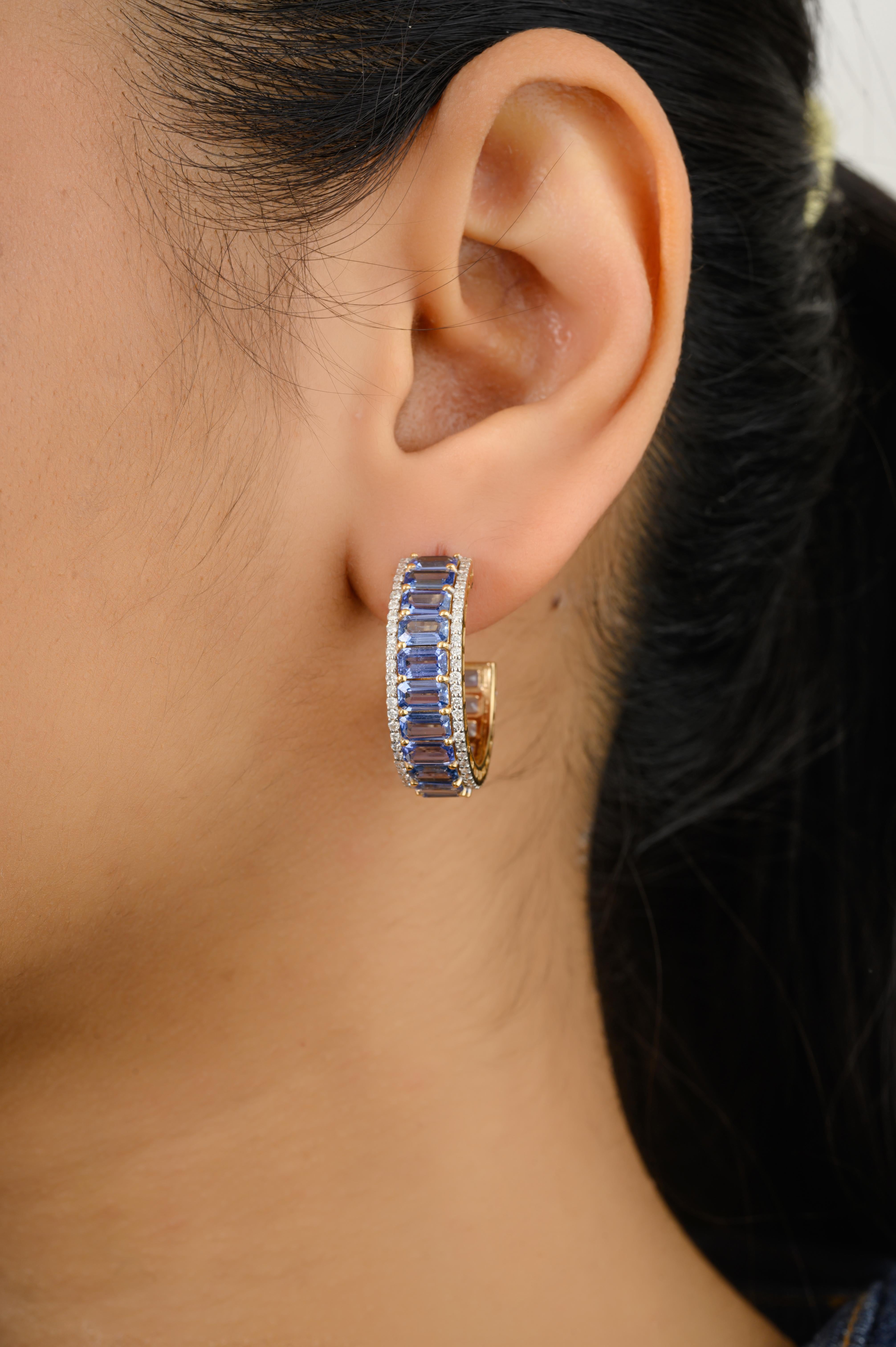 Octagon Cut Tanzanite Pave Diamond Halo Wedding Hoop Earrings in 18k Yellow Gold In New Condition For Sale In New York, NY