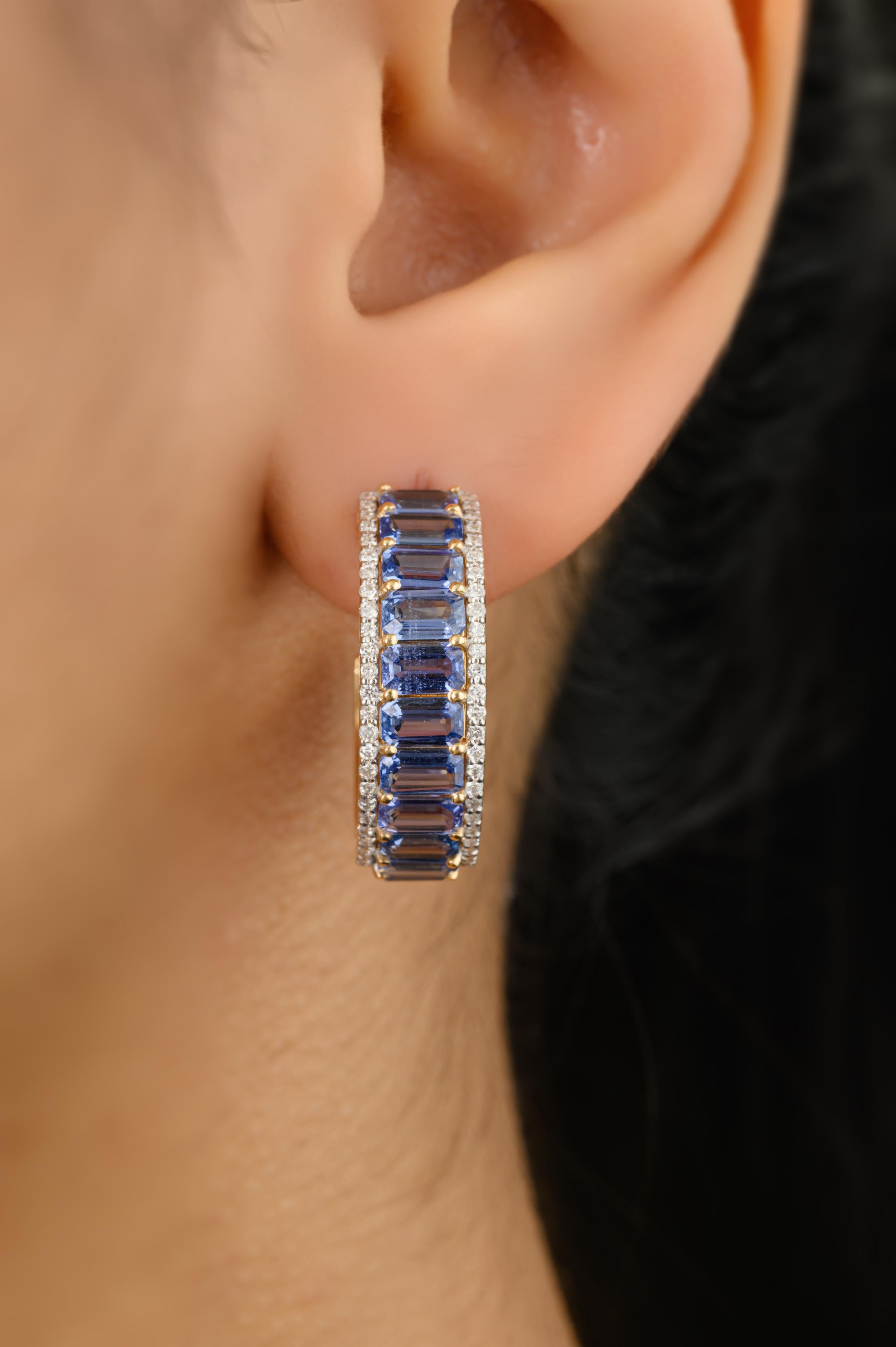 Octagon Cut Tanzanite Pave Diamond Halo Wedding Hoop Earrings in 18k Yellow Gold For Sale 1