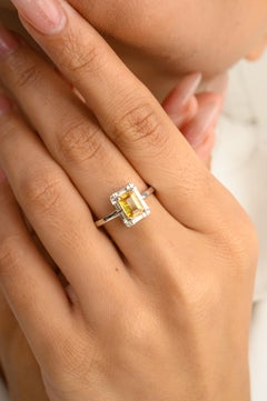 Octagon Cut Yellow Sapphire and Diamond Halo Birthstone Ring in 14k White Gold