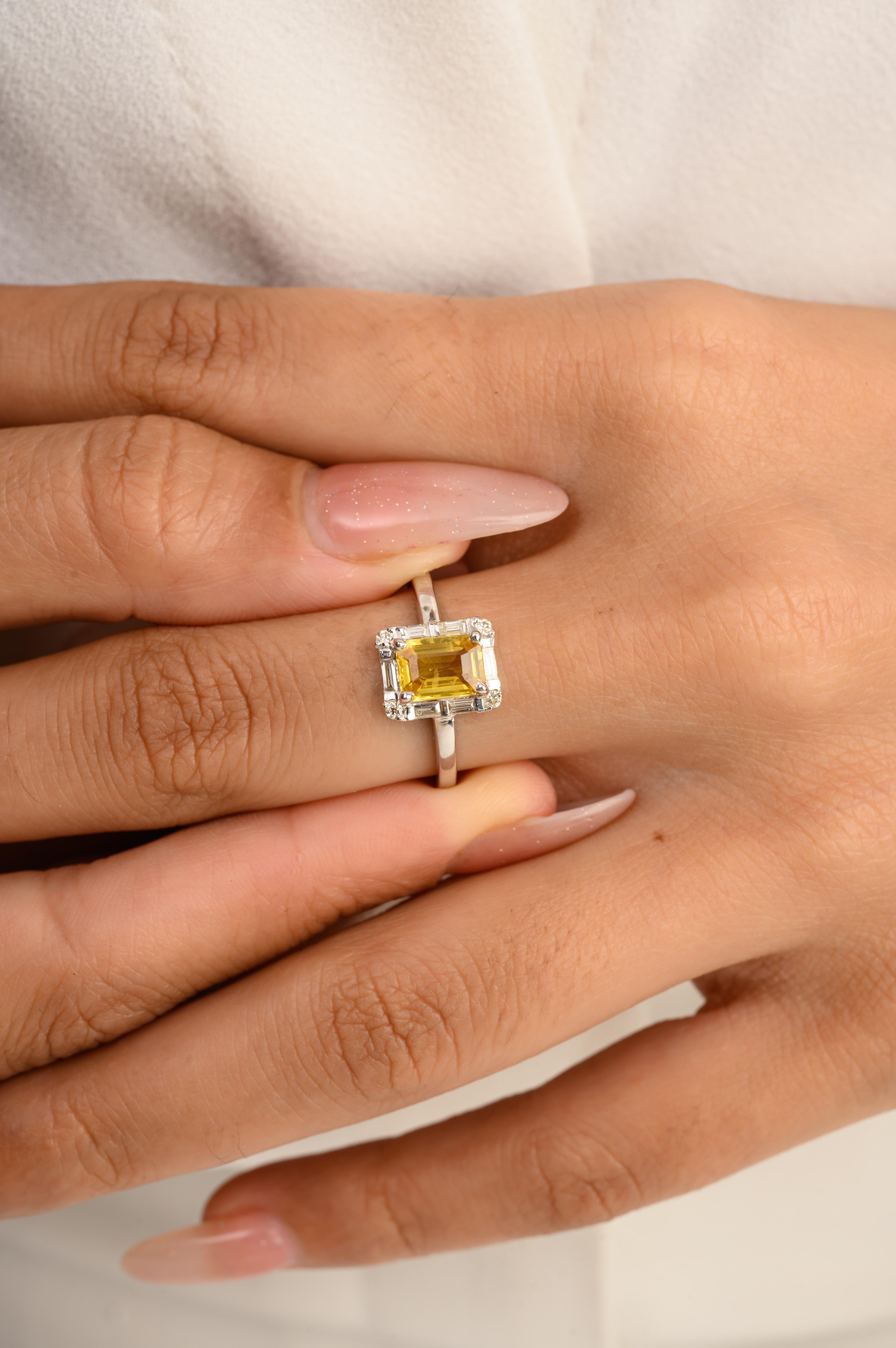 For Sale:  Octagon Cut Yellow Sapphire and Diamond Halo Birthstone Ring in 14k White Gold 5