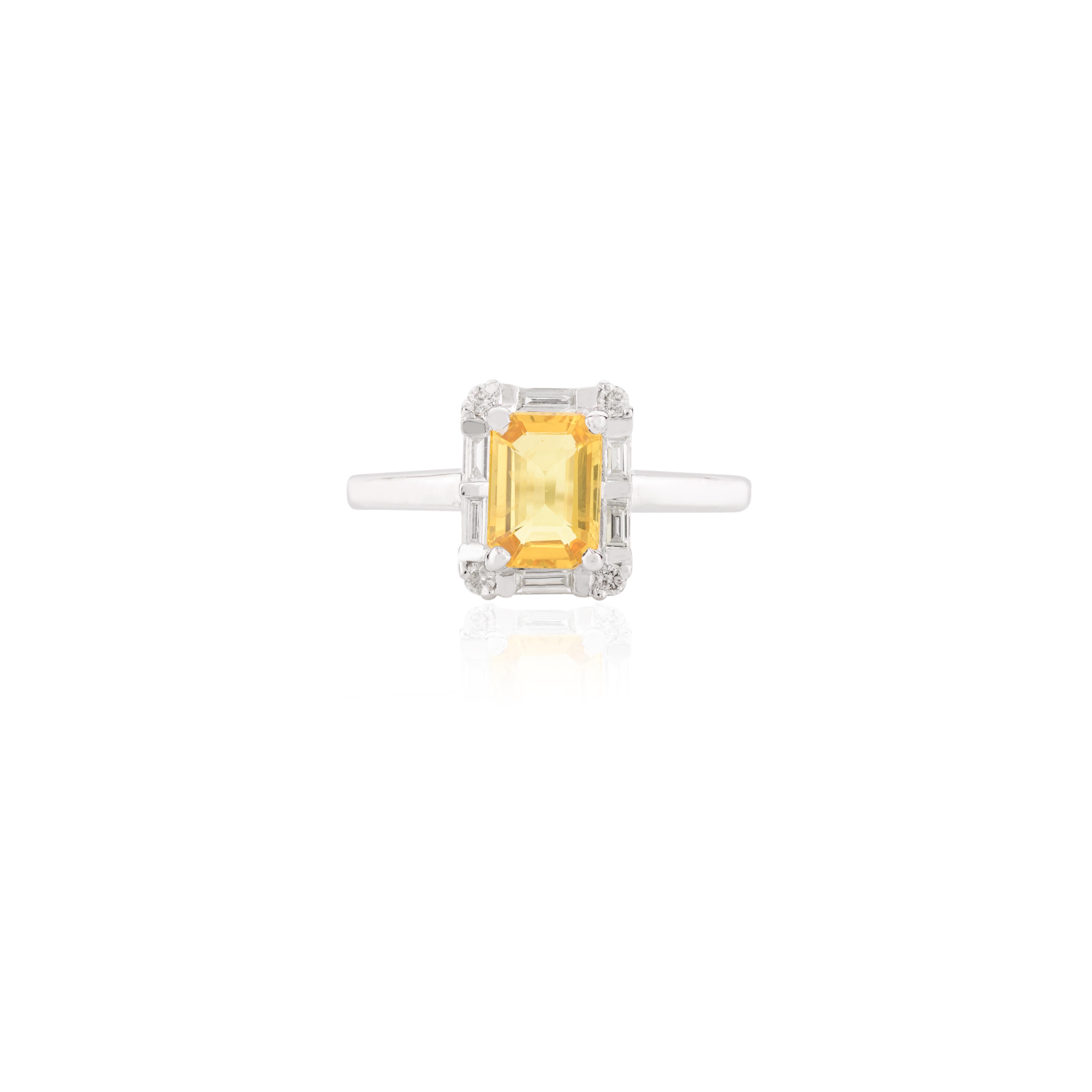 For Sale:  Octagon Cut Yellow Sapphire and Diamond Halo Birthstone Ring in 14k White Gold 7