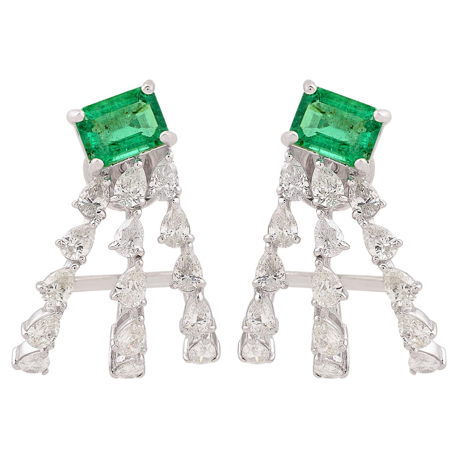 Octagon Cut Zambian Emerald Diamond Huggie Stud Earrings In 14K White Gold