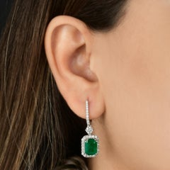 Octagon Cut Zambian Emerald Halo Diamond Dangle Wedding Earrings 18k White Gold