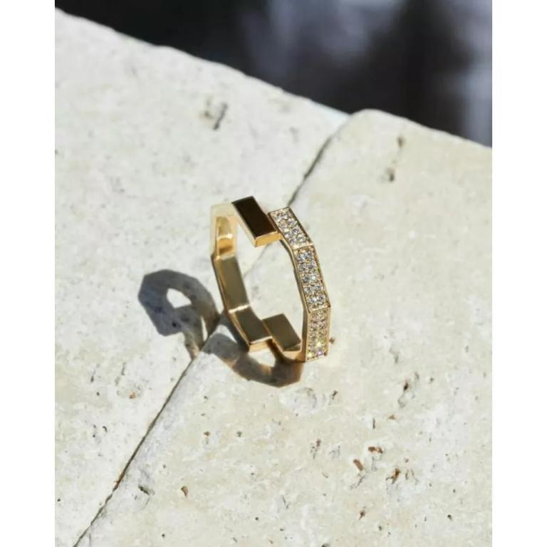 Round Cut Octagon Diamond Gold Slid 14k Minimalist Geometric Design Bolt Ring For Sale