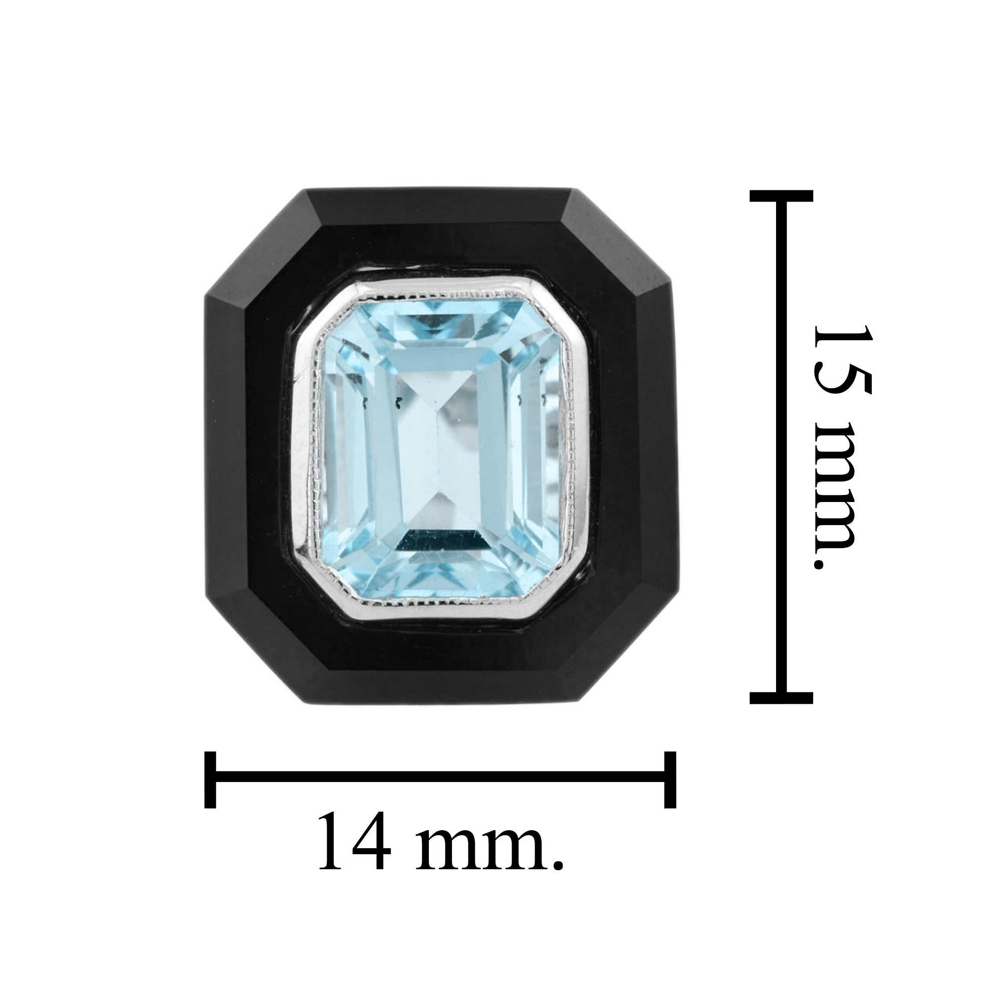 Octagon Emerald Cut Art Deco Style Blue Topaz & Onyx White Gold Stud Earrings en Nuevo estado para la venta en Oakton, VA