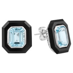 Octagon Emerald Cut Art Deco Style Blue Topaz & Onyx White Gold Stud Earrings