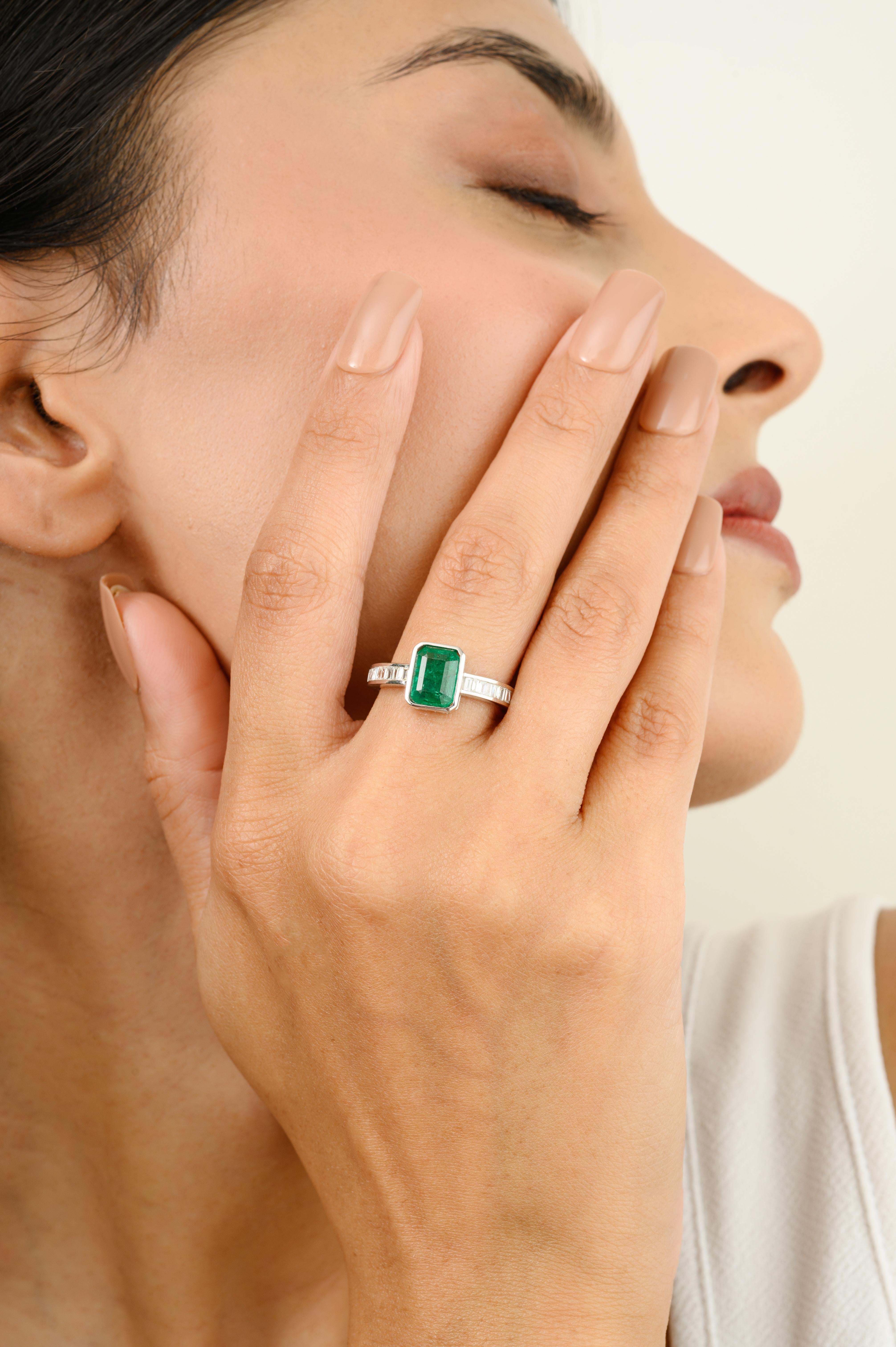 For Sale:  Octagon Emerald Diamond Engagement Ring for Her in 14k Solid White Gold 2