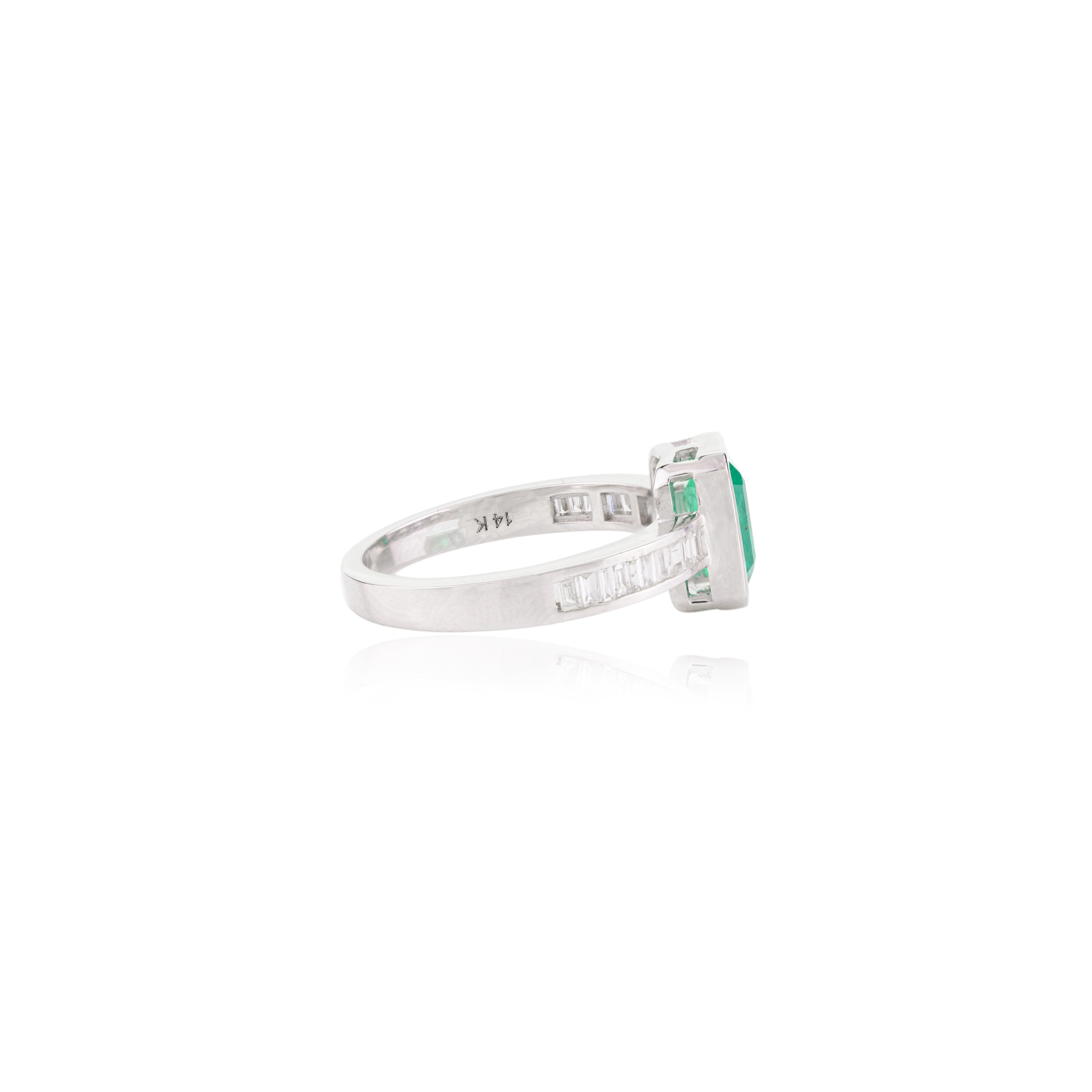 For Sale:  Octagon Emerald Diamond Engagement Ring for Her in 14k Solid White Gold 7