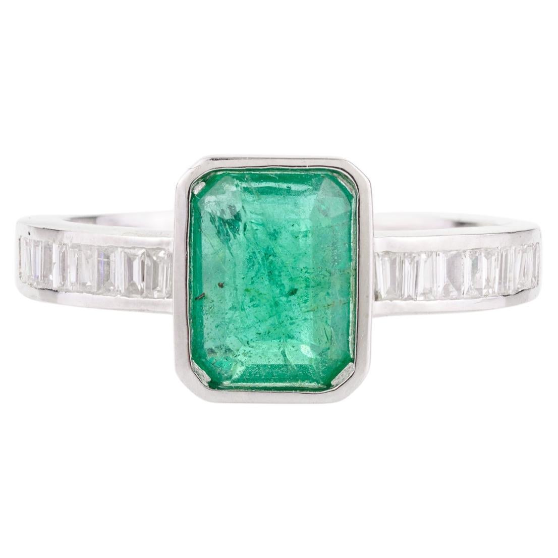Octagon Emerald Diamond Engagement Ring for Her in 14k Solid White Gold