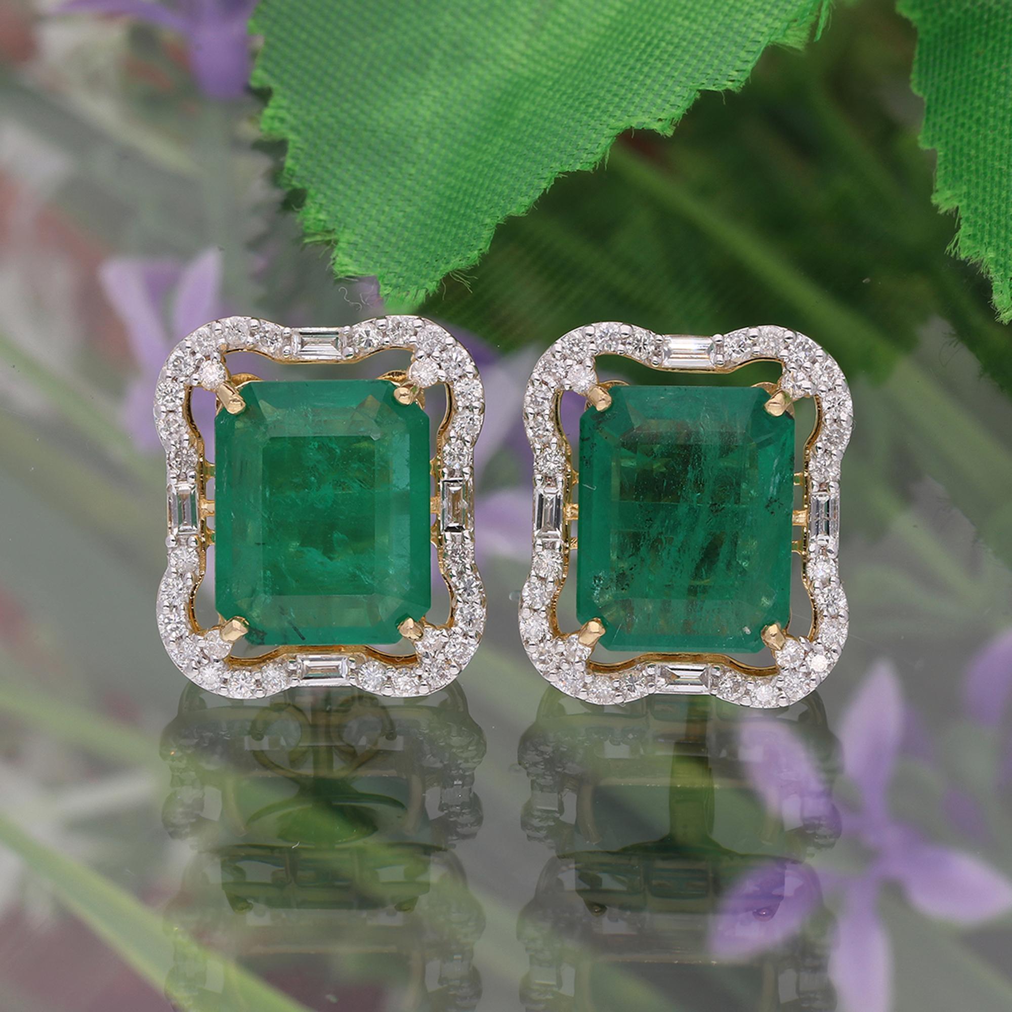 Modern Octagon Emerald Gemstone Stud Earrings Baguette Diamond 14k Yellow Gold Jewelry For Sale