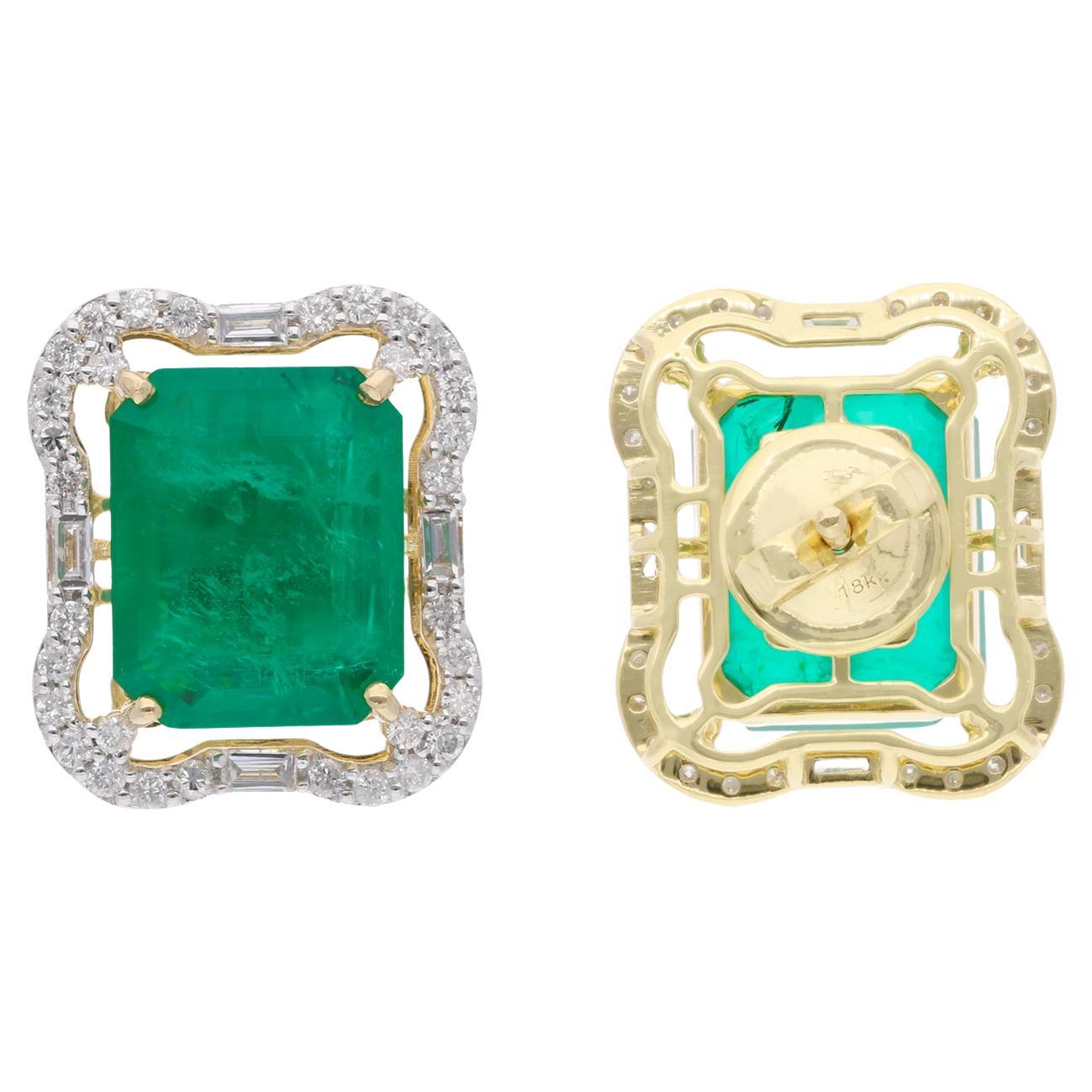 Octagon Emerald Gemstone Stud Earrings Baguette Diamond 14k Yellow Gold Jewelry
