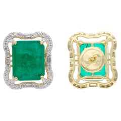 Octagon Emerald Gemstone Stud Earrings Baguette Diamond 14k Yellow Gold Jewelry