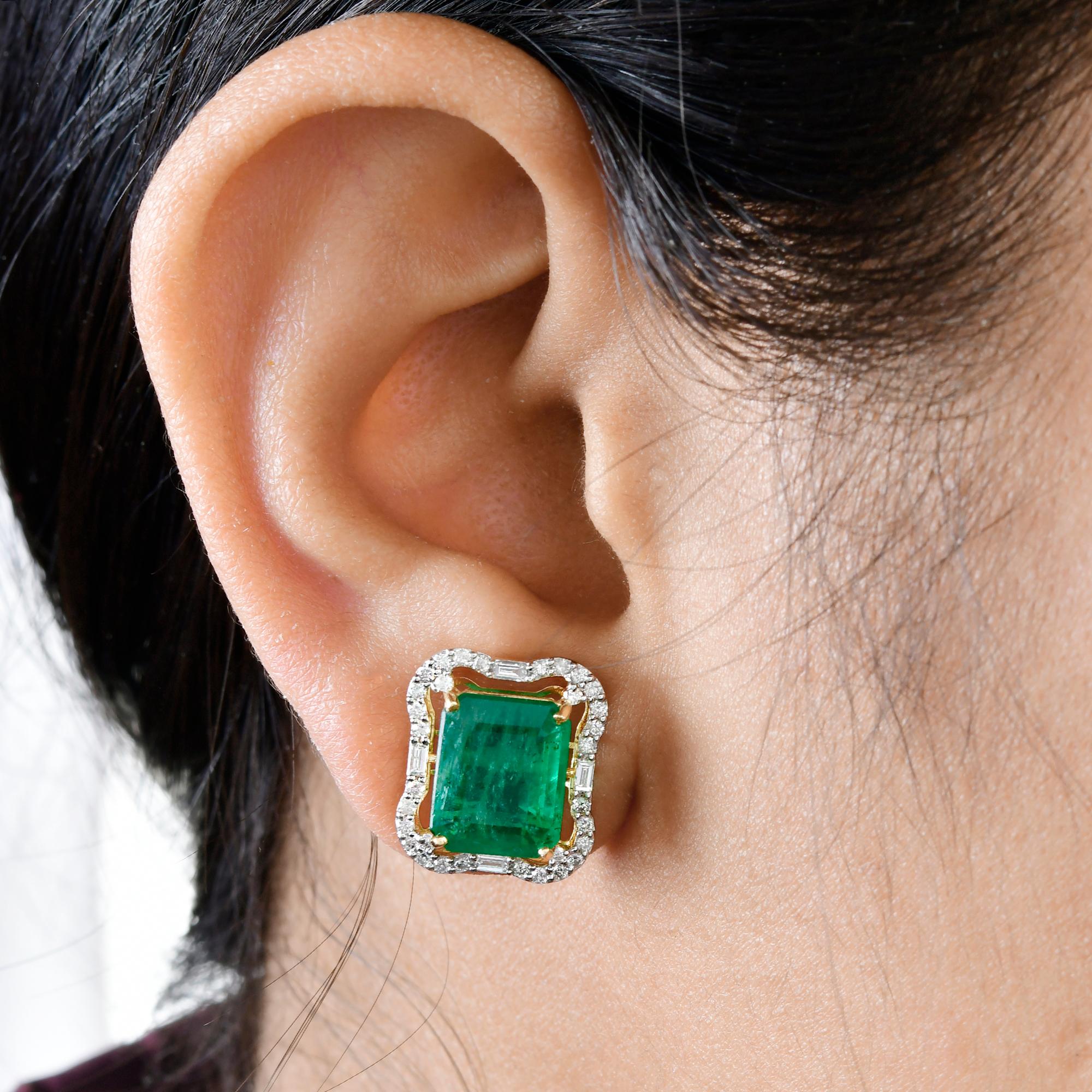 Emerald Cut Octagon Emerald Gemstone Stud Earrings Baguette Diamond 18k Yellow Gold Jewelry For Sale