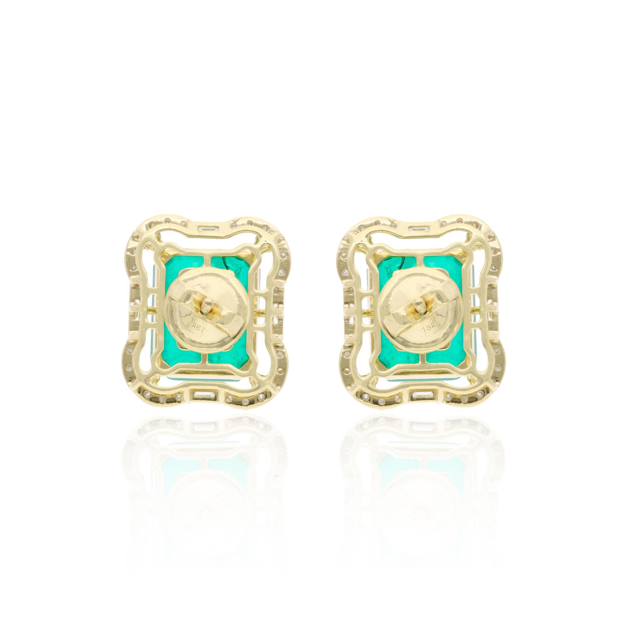 Women's Octagon Emerald Gemstone Stud Earrings Baguette Diamond 18k Yellow Gold Jewelry For Sale