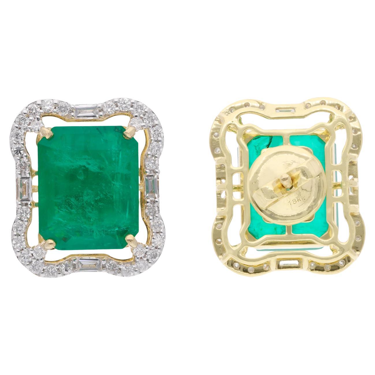 Octagon Emerald Gemstone Stud Earrings Baguette Diamond 18k Yellow Gold Jewelry For Sale