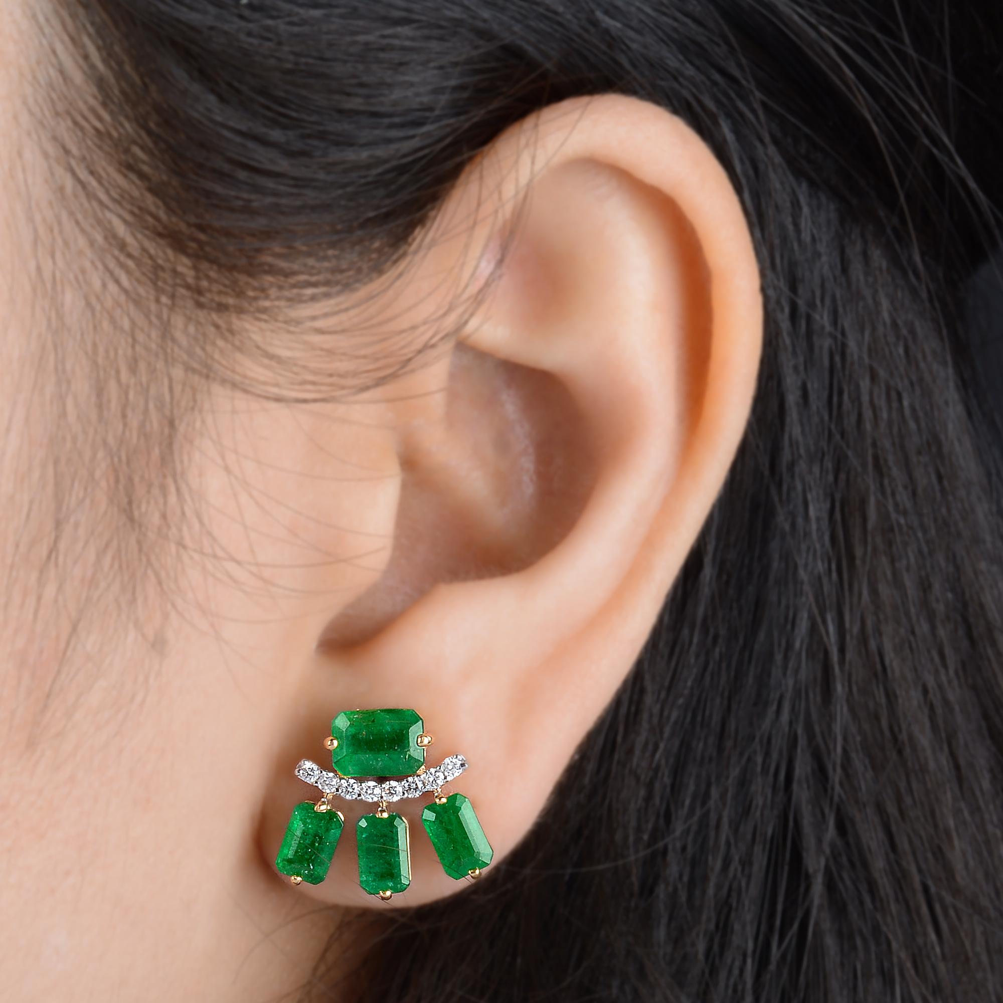 Modern Octagon Emerald Gemstone Stud Earrings Diamond Solid 18k Yellow Gold Jewelry For Sale