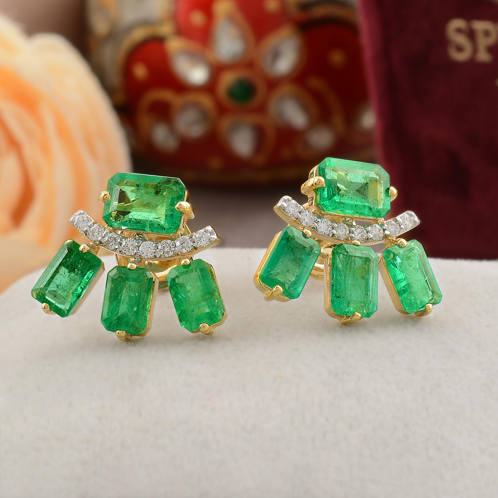 Asscher Cut Octagon Emerald Gemstone Stud Earrings Diamond Solid 18k Yellow Gold Jewelry For Sale