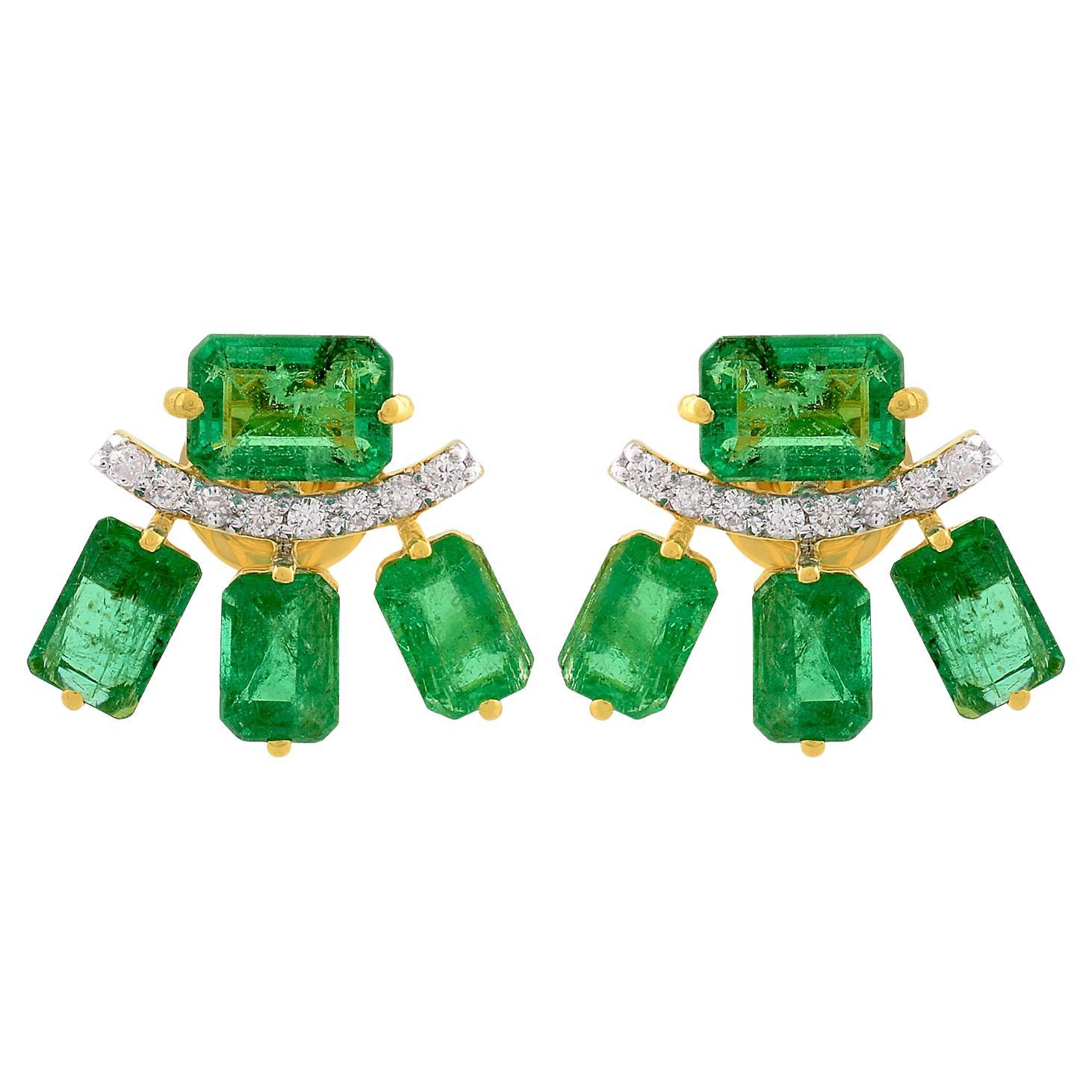 Octagon Emerald Gemstone Stud Earrings Diamond Solid 18k Yellow Gold Jewelry For Sale