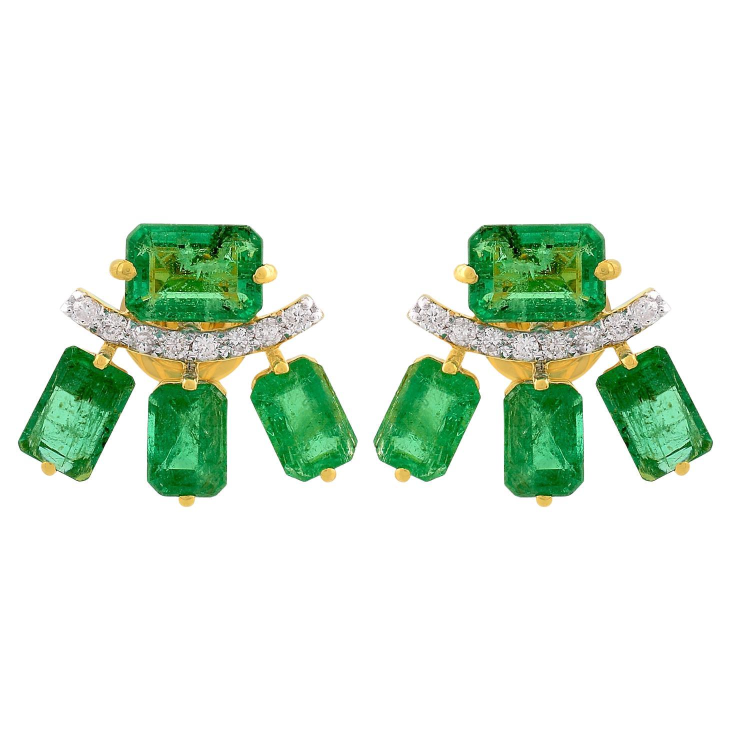 Octagon Emerald Gemstone Stud Earrings Diamond Solid 18k Yellow Gold Jewelry