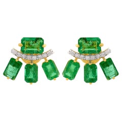Octagon Emerald Gemstone Stud Earrings Diamond Solid 18k Yellow Gold Jewelry