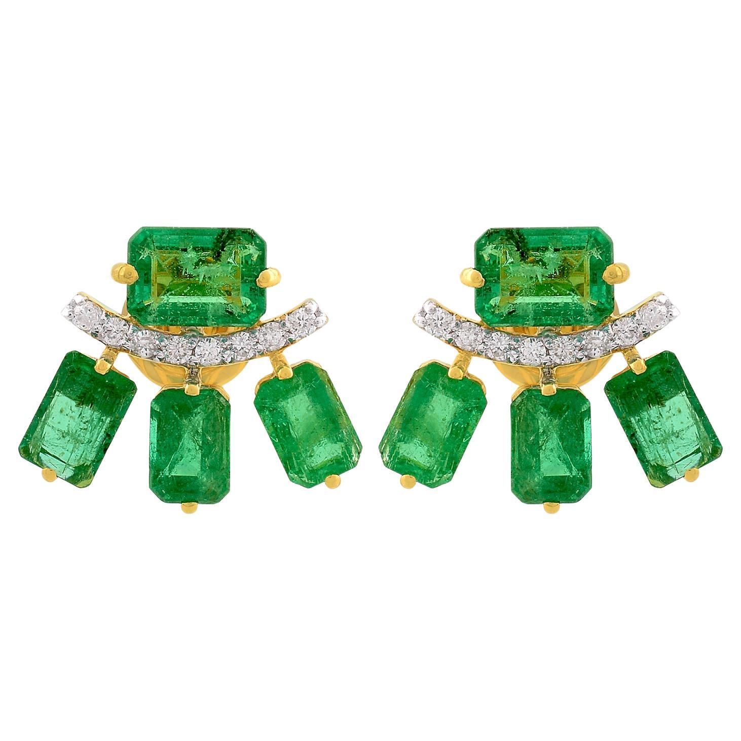 Pendientes Octágono Esmeralda Diamante Macizo Oro Amarillo 18k Joyas