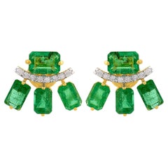 Oktagon Smaragd Edelstein Ohrstecker Diamant Massiv 18k Gelbgold Schmuck