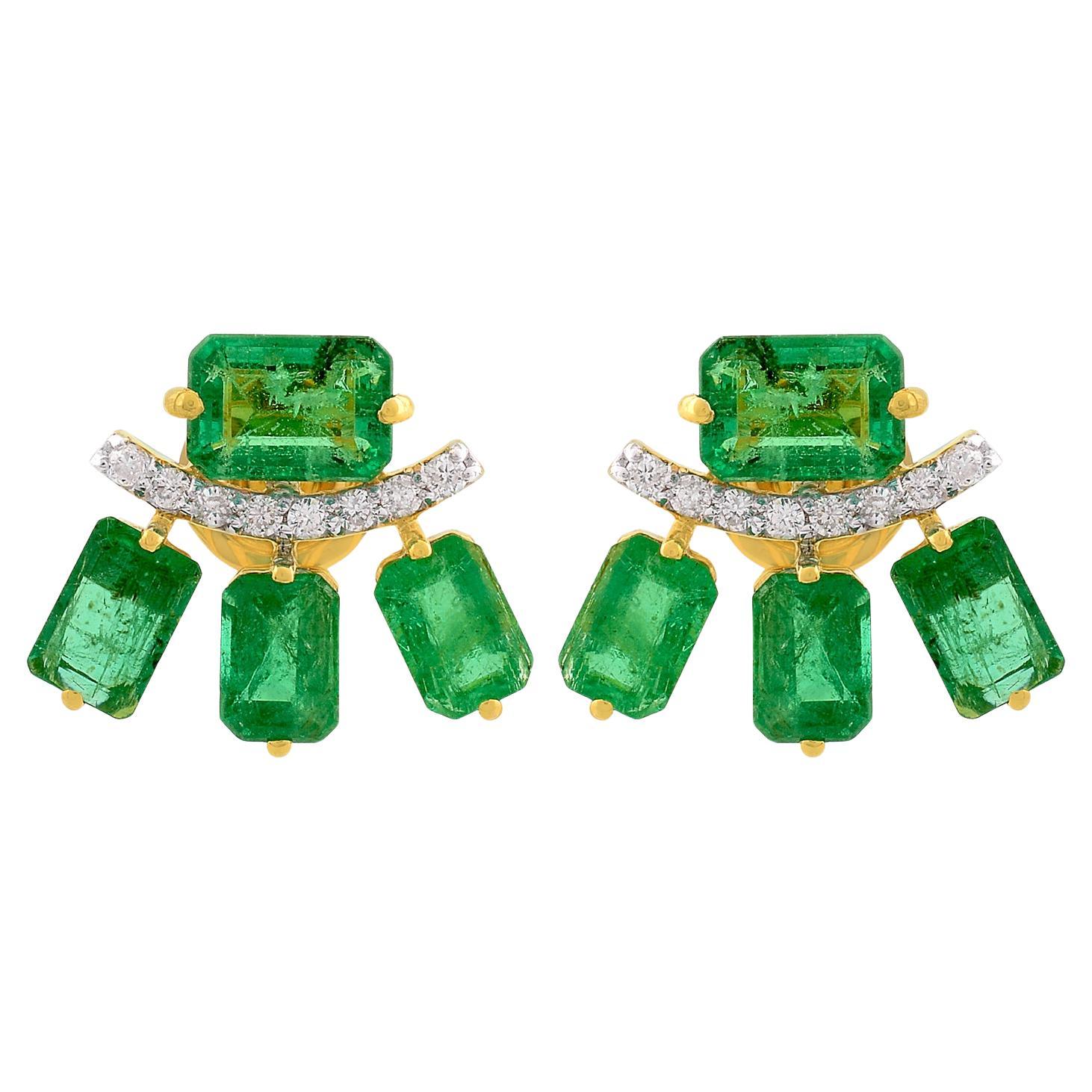Pendientes Octágono Esmeralda Diamante Macizo Oro Amarillo 18k Joyas en venta